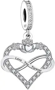 [Mon & Sons] Claddagh Heart Hands Love You Forever Infinity Crown Charm Bead Pendant 925 Sterling Silver Dangle Compatible With Pandora Charm Bracelet, Metal