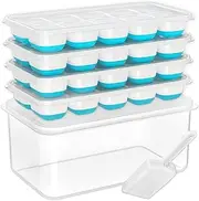 Ice Cube Tray Set With Lid, Bin, and Scoop - 4 Pack Silicone Plastic Trays for Freezer, Stackable With Storage Container (Blue)