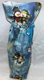 Christmas Wine Bag Gift Party Decor Snowman Snowflake Tree Snow Blue Fabric