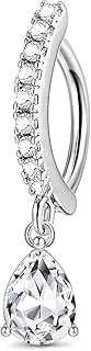 [Sanfenly] 14G Clicker Belly Rings 316L Surgical Steel Dangle Belly Button Ring CZ Teardrop Pendant Navel Rings Barbell Body Piercing Jewelry