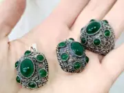 Armenian Spirit Silver 925 set Green quartz Dome ring Earrings multi stone NEW