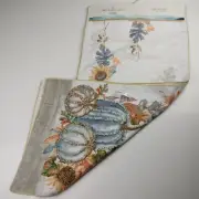 Artisan Fabric Beaded Table Runner Autumn Fall 16x72 Pumpkins Sunflowers Blue