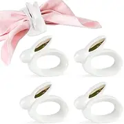 Set of 4 Porcelain Rabbit Easter Napkin Rings- White Bunny Napkin Ring Gold Ears Bunny Ceramic Napkin Ring Holder for Easter Dinner Decoration Spring Party Table Settings Decor