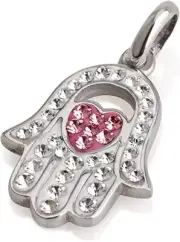 Hamsa Heart Pendant 925 Silver With White Pink Gemstones + 925 Sterling Silver