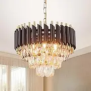 FRIXCHUR Modern Crystal Chandeliers 15.7" Black and Gold Chandelier Crystal Pendant Light Chandelier 3-Tier Crystal Flush Mount Ceiling Light Chandeliers for Bedroom Living Room E14*5 Bulb…