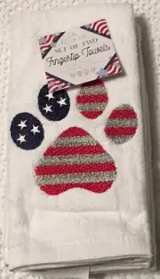 Set 2 PATRIOTIC AMERICANA PAW PRINTS FINGERTIP TOWELS Embroidered 12” X 18” NWT
