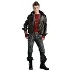 Hell Rider 2 Pc Blk Faux Leather 80's Punk Style Jacket & Dk Rd Knit Shirt M/L