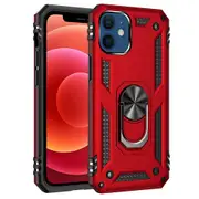 For Apple iPhone 12 Mini Case, Military Grade 360 Degree Rotating Metal Magnetic Ring Car Mount Holder Kickstand Shockproof Heavy Duty Cover (Red)