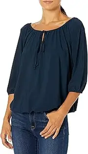 [Star Vixen] Women's Petite 3/4 Sleeve Peasant Elastic-Hem Keyhole-Tie Top