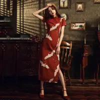 在飛比找蝦皮商城精選優惠-改良旗袍 女長款旗袍 春夏洋裝 復古紅色 藍色中國風旗袍
