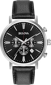 [Bulova] Men's Classic Aerojet Stainless Steel 6-Hand Chronograph Watch with Black Leather Strap, 41mm Style: 96B262, Black, Classic Aerojet Chronograph Silver-Tone Stainless Steel Strap