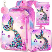 3 Piece Mermaid Backpack Set For Girls Water Resistant With Lunch Box L For Preschool And Toddler
