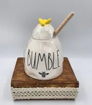 Rae Dunn Ceramic Bumble Honey Pot with Wooden Honey Dipper & Yellow Bee Lid 4.5"
