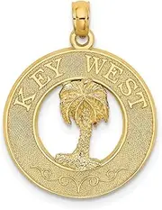 [JewelryWeb] 14ct Gold Key West Round Frame With Palm Tree Center Charm Pendant Necklace Measures 24.4x19.2mm Wide 1.55mm Thick