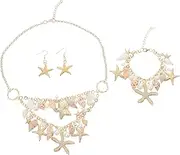 [GLSTOY] 1 Set Beach Theme Jewelry with Imitation Pearl Sea Star and Shell Pendant Necklace Includes Earrings and Bracelet for Women for