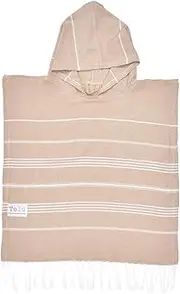 Tolu Kids Hooded Beach Towel Poncho, 100% Cotton, Beige with White Stripes, Available in S/M/L Sizes