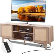 Rattan TV Stand for 75" TV Boho TV Stand with Build-in Socket Oak