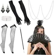 [OATIPHO] S Style Flapper Suit Accessories Set Necklace Gloves Stockings Headband for Women