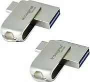 Integral 2 Pack 128GB 360-Dual USB 3.2 Gen 1 Type C and Type A Flash Drive with Solid Metal Casing, Fast Transfer Speeds and Simply Plug and Play iPhone 15, 16 Series, MacBook Pro/Air and Ipad Pro