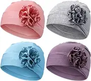 [Geyoga] 4 Pcs Women Turban Flower Caps Chemo Headwear Cancer Headwear for Women Elastic Headwrap Hat Soft Beanie