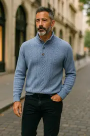 Ansett Wool Polo Neck Button Collar Jumper 8166 Ocean Blue