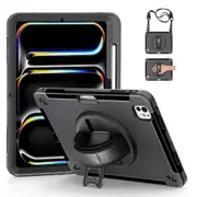 For iPad Pro 13 (2024) Case Kickstand PC + TPU Rugged Cover with Shoulder Strap