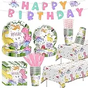 Dinosaur Birthday Party Supplies Girl - Dinosaur Party Decorations Tableware, Paper Plate, Cup, Napkins, Tablecloth, Cutlery, Banner, Pink Dinosaur Birthday Baby Shower Decorations | Serve 24