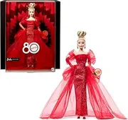 Barbie Signature Doll, Mattel 80th Anniversary Collectible in Glittery Red Tulle Gown with Drop Earrings and Sheer Gloves, Blonde Hair