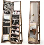 Giantex 360° Swivel Jewelry Armoire, Standing Jewelry Organizer with Full Length Mirror & Back Shelves, Built-in Makeup Mirror for Bedroom, Cloakroom (Rustic Brown)