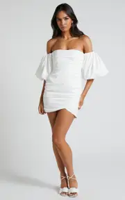 Betty Mini Dress - Off Shoulder Puff Sleeve Gathered Dress in White