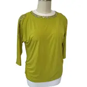 Susan Graver - Chartreuse Green Beaded Cold Shoulder 3/4 Slv Ruched Tunic XL