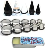 [Zaya Body Jewelry] 15 Pc Huge Tapers Ear Stretching Kit Black Clear White Tapers and Surgical Steel Tunnels 0g-1 inch Holey Butt'r