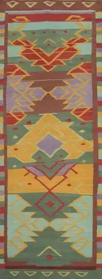 Geometric Flat-Weave Kilim Runner Rug 4x13 Ft Reversible Multiolor Wool Carpet