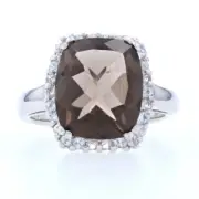 Silver Smoky Quartz & White Topaz Halo Ring - 925 Cushion Cut 8.15ctw Size 6