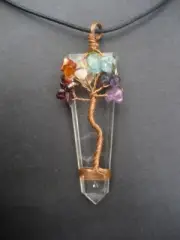 Chakra Tree Of Life Clear Quartz Crystal Gemstone Pendant with Cord Necklace