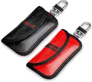 VAWcornic 2 Pack Faraday Bag for Car Key Fob, Genuine Leather Car Key RFID Signal Blocking Pouch Keyless Signal Block Key Case for Car Security Anti-Theft Remote Entry Smart Fob Protection – Black+Red