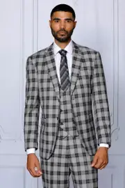 NWT 46R BLACK PLAID MENS SUIT, TAILOR FIT, 2 SIDE VENT, FLAT FRONT PANTS,