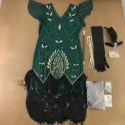 Women's Large Gold Green Sequin Fringe Flapper Dress & Accessory Set 9 Pieces