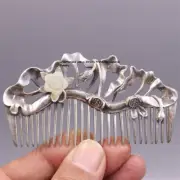Solid S999 Fine Silver Hair Comb Carved Lotus Bud Healthy Hair Comb 44-45g