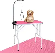 LEIBOU Pet Dog Grooming Table Foldable Grooming Table Heavy Duty Iron Frame with Arm & Noose for Dog Cat Pet Grooming (32'', Pink)