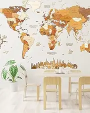 Wooden World Map Wall Decoration - multilayered, multicolour stained wood, engraved names - unique 3D effect - for living room, office, bedroom - L150 Explorer (150x100 cm)