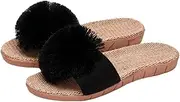[Caistre] Women's House Slippers Open Toe Linen Flat Slide Sandals Fluffy Pompom Cozy Flat Slippers Sandals Non-Slip Home Shoes 2025, Black, 7.5-8