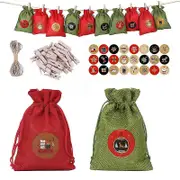 24pcs Christmas Gift Bags Drawstring Linen Candy Packaging Bags With Clips Stickers