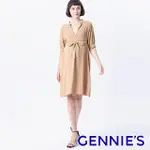 GENNIES奇妮 假兩件公主袖綁帶哺乳洋裝(卡其T1L01)