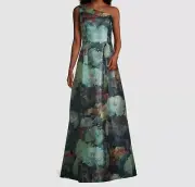 $795 Aidan Mattox Women Green Floral Asymmetrical Neck Ball Gown Dress Size US 6