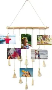 Hanging Photo Display Macrame Wall Decor Hanging Organizer with Quote Banner
