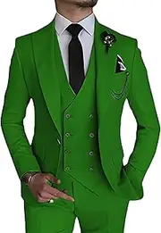 [JEShifangjiusu] 3 Pieces Tuxedo Blazer for Men 1 Button Elegant Slim Fit Single Breasted for Prom Wedding Party Stylish Suit Dress Set Vest Pants, Green1, XS