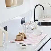 Ohocut Checkered Dish Drying Mat for Kitchen Counter, Coffee Bar Station Accessories, Retro Cute Aesthetic Girly Women Modern Absorbent Drainer Mat Kitchen Drying Mat Easy Clean, Pink 12" x 19"