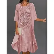 Women's Dress Set Chiffon Dress Formal Geometric Print Long Dress Maxi Dress Half Sleeve Crew Neck Party Wedding Guest Pink Blue Green Summer Fall Regular Fit