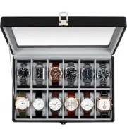 12 Slot Leather Watch Box Display Case Organizer Glass Jewelry Storage Black NEW